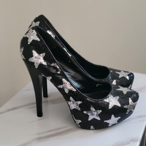 Black & Silver Glitter Wedge Heels – Star Pattern /Escarpins compensés noirs et - Picture 3 of 4
